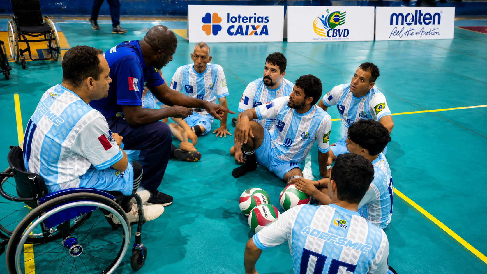 Equipe de esporte adaptado reunida em uma quadra